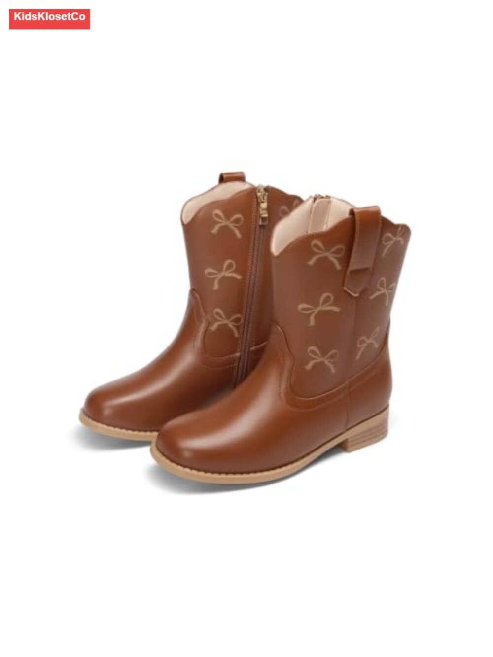 Girls Cowboy Boots Square Toe Faux Leather Mid Calf Western Boots with Bow